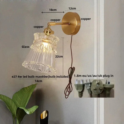 Modern gold wall lamp with clear glass shade – bedroom pull chain