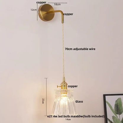 Modern gold wall lamp with clear glass shade – bedroom pull chain