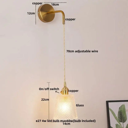 Modern gold wall lamp with clear glass shade – bedroom pull chain