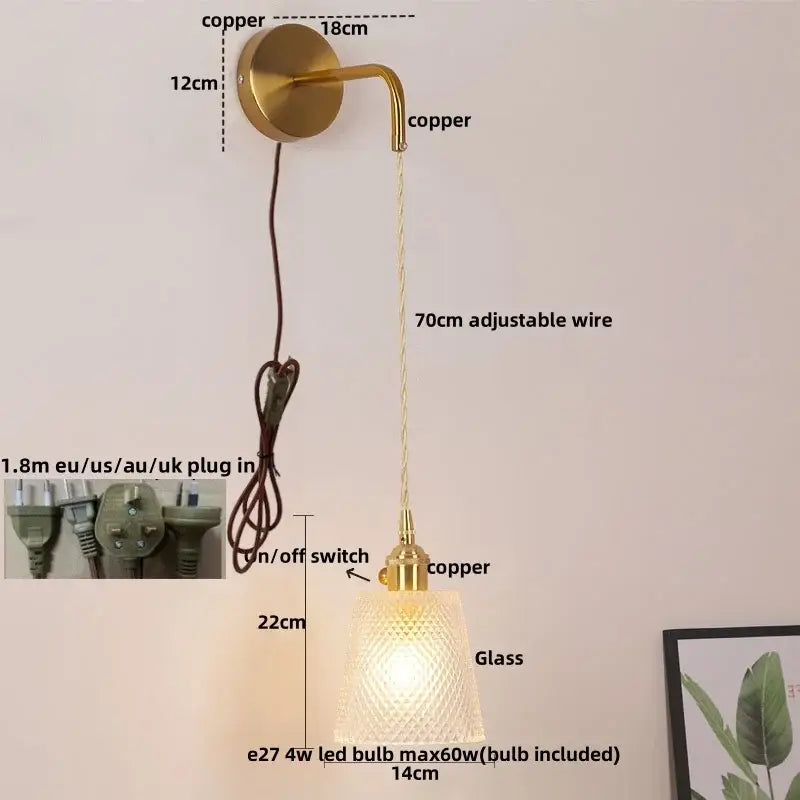 Modern gold wall lamp with clear glass shade – bedroom pull chain