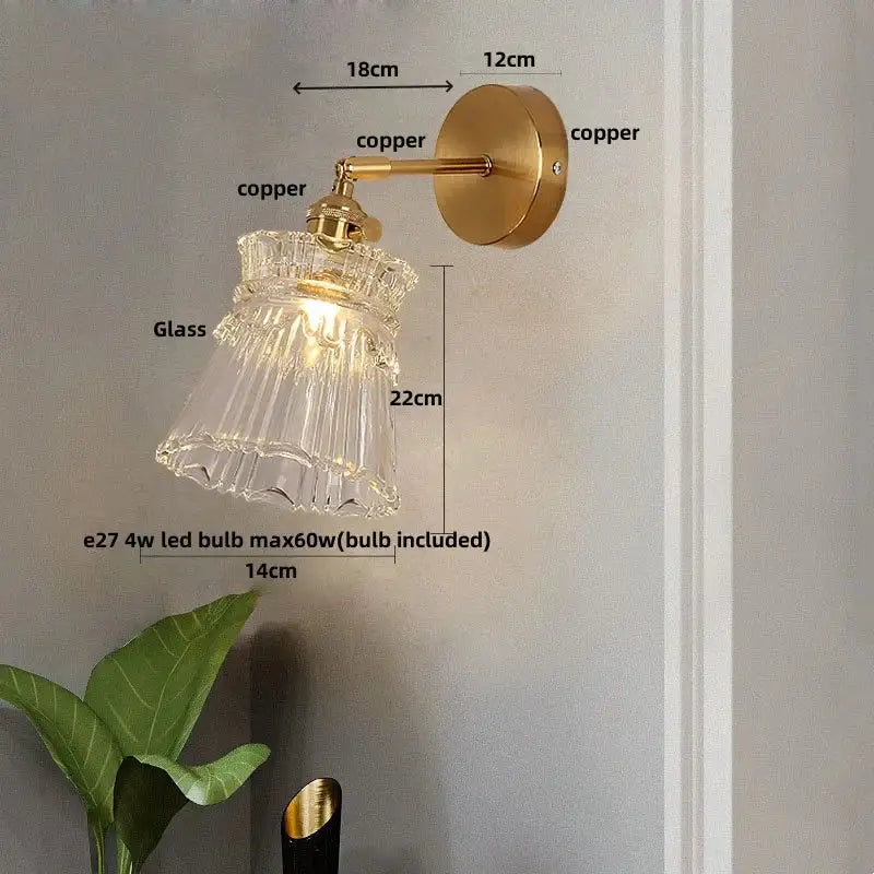 Modern gold wall lamp with clear glass shade – bedroom pull chain