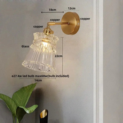 Modern gold wall lamp with clear glass shade – bedroom pull chain