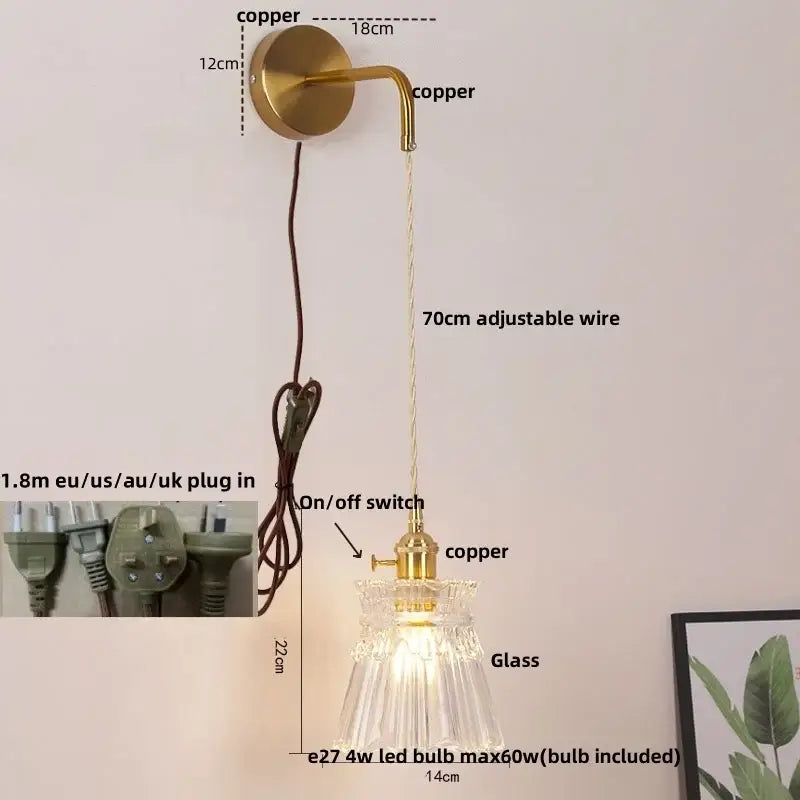 Modern gold wall lamp with clear glass shade – bedroom pull chain