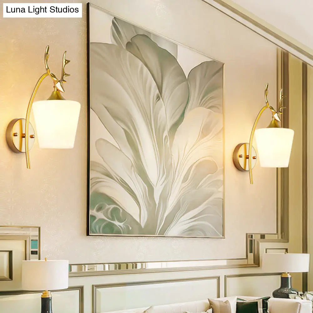 DecorBites™ Modern Gold Wall Mount Light Fixture with Opal Glass and Metal Elk - Conical Sconce