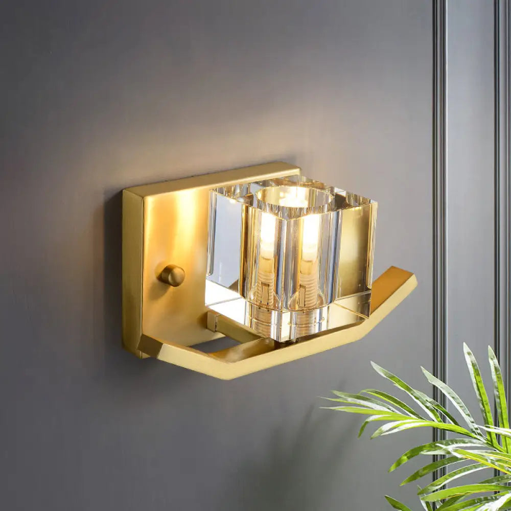 DecorBites™ Modern Gold Wall Mount Light with Cubic Clear Crystal Shade - 1-Bulb Parlor Wall Lighting Fixture