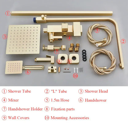 Modern gold wall mounted rain shower system kit bathroom 4-way mixer