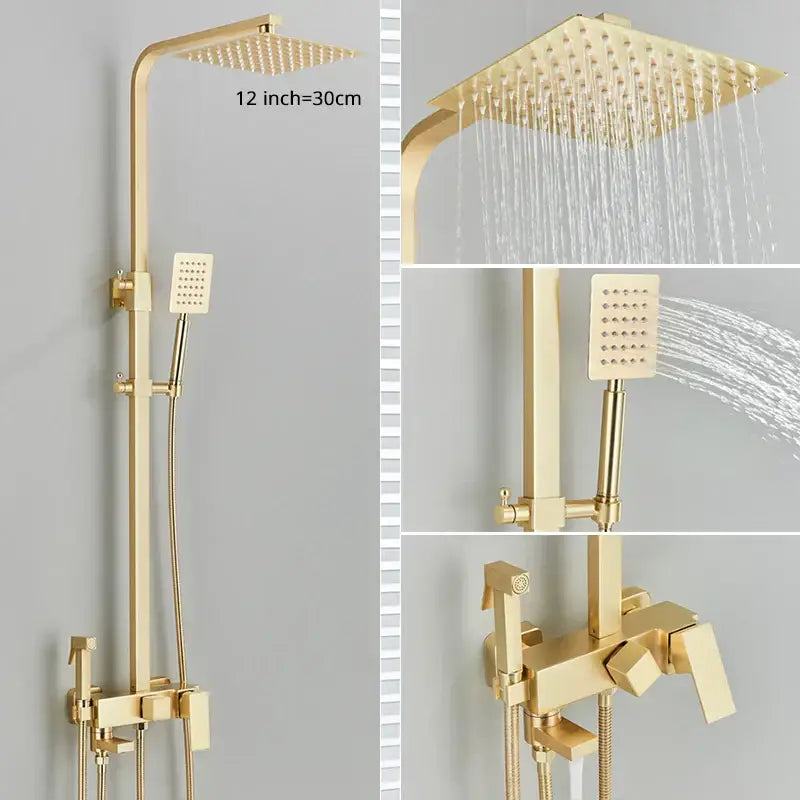 Modern gold wall mounted rain shower system kit bathroom 4-way mixer