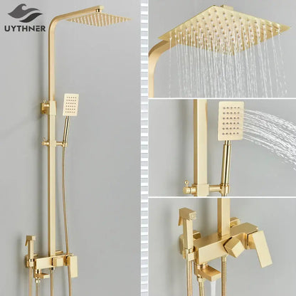 Modern gold wall mounted rain shower system kit bathroom 4-way mixer
