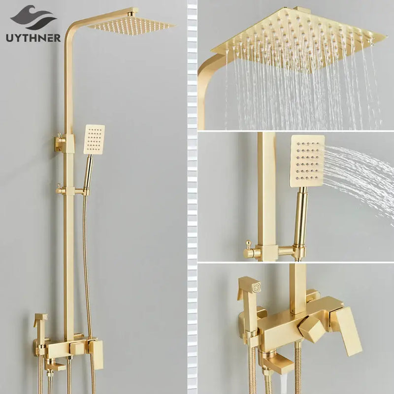 Modern gold wall mounted rain shower system kit bathroom 4-way mixer