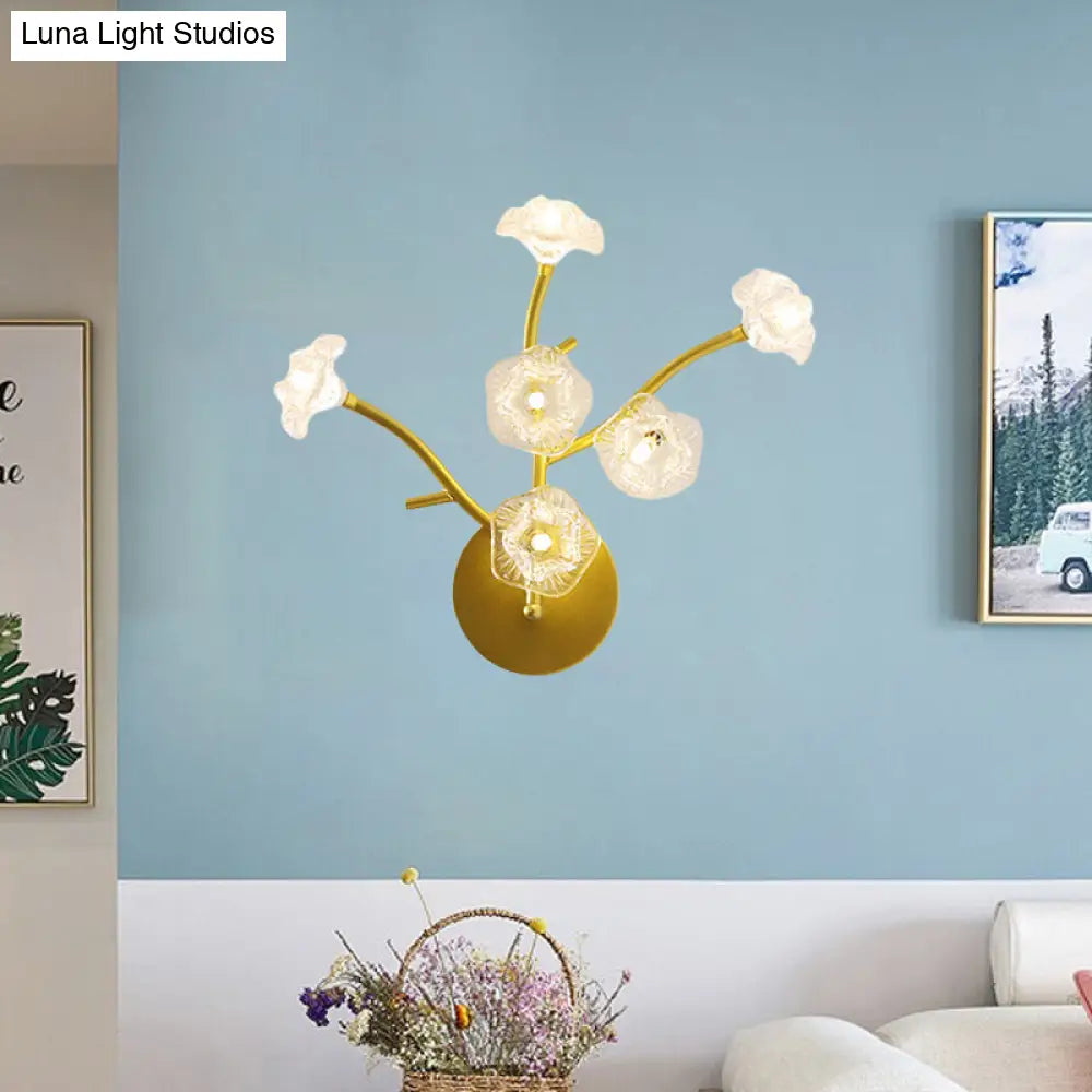DecorBites™ Modern Gold Wall Sconce: Floral Bedside Lamp with Transparent Glass and 6 Bulbs