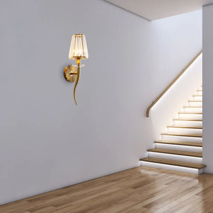 DecorBites™ Modern Gold Wall Sconce Light with Crystal Prism - Clear Tapered Shade, Ideal for Stairways