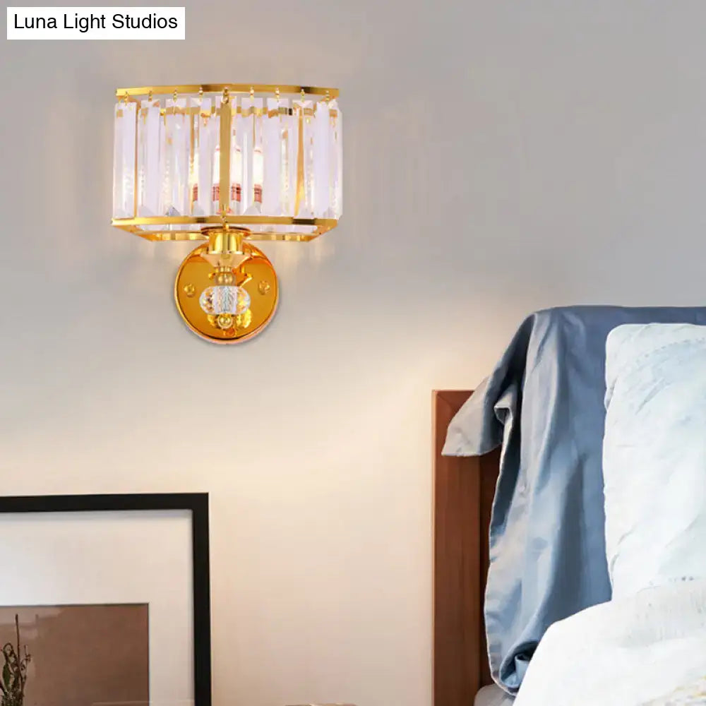 Modern gold wall sconce with clear crystal block – bedroom light