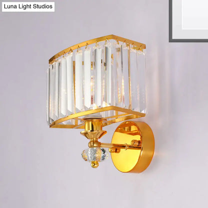 Modern gold wall sconce with clear crystal block – bedroom light