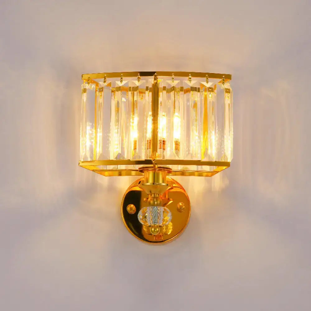 Modern gold wall sconce with clear crystal block – bedroom light