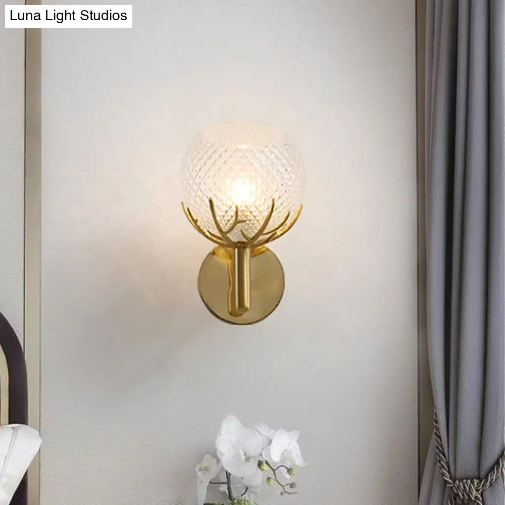 DecorBites™ Modern Gold Wall Sconce with Clear Lattice Glass and Antler Design