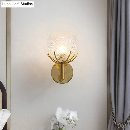 DecorBites™ Modern Gold Wall Sconce with Clear Lattice Glass and Antler Design
