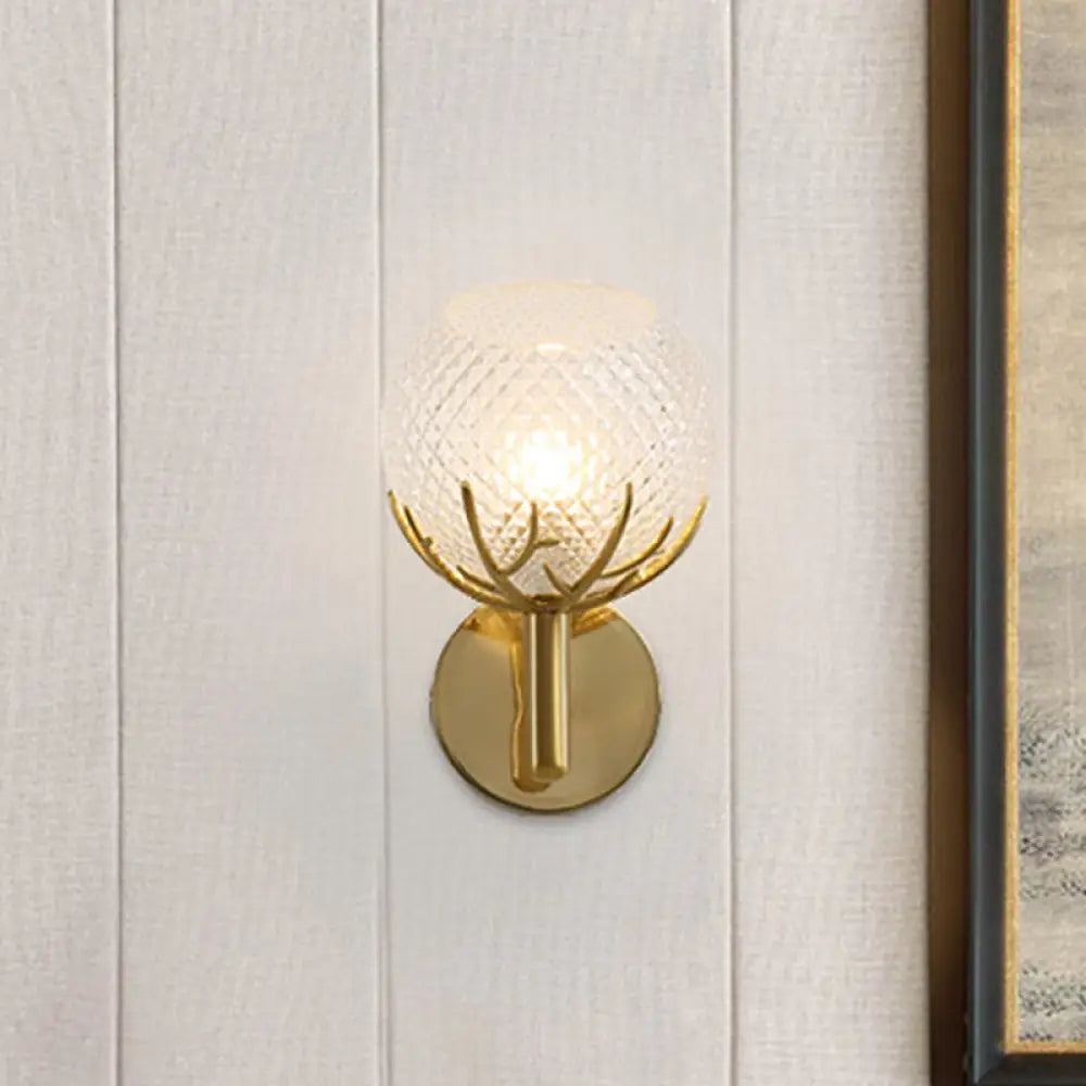 DecorBites™ Modern Gold Wall Sconce with Clear Lattice Glass and Antler Design