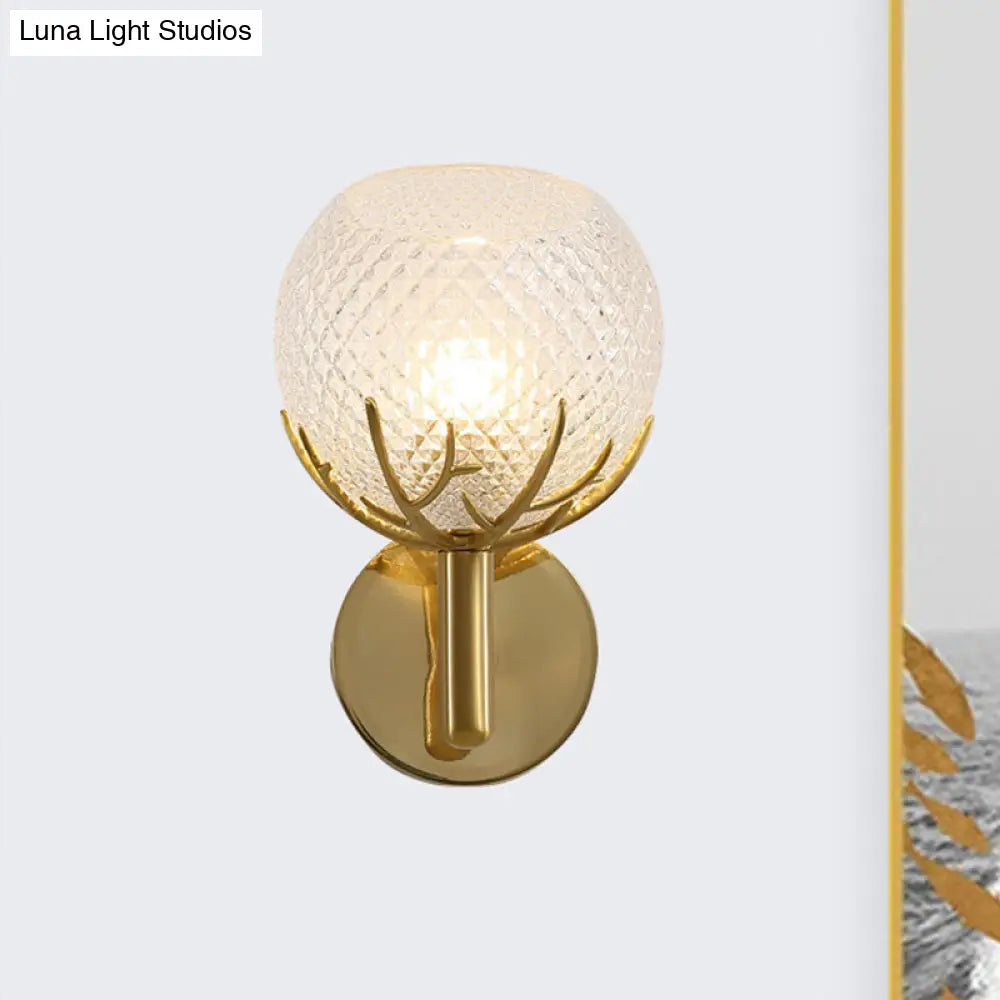 DecorBites™ Modern Gold Wall Sconce with Clear Lattice Glass and Antler Design