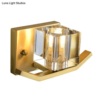 Modern gold wall sconce with cubic clear crystal shade parlor light