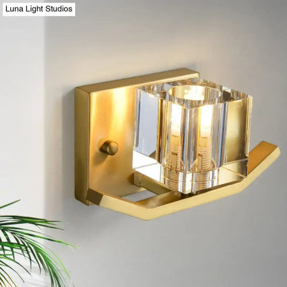 Modern gold wall sconce with cubic clear crystal shade parlor light