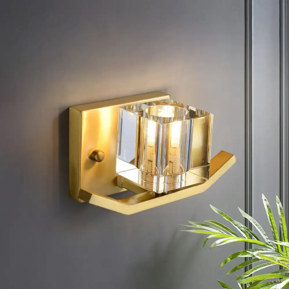 Modern gold wall sconce with cubic clear crystal shade parlor light