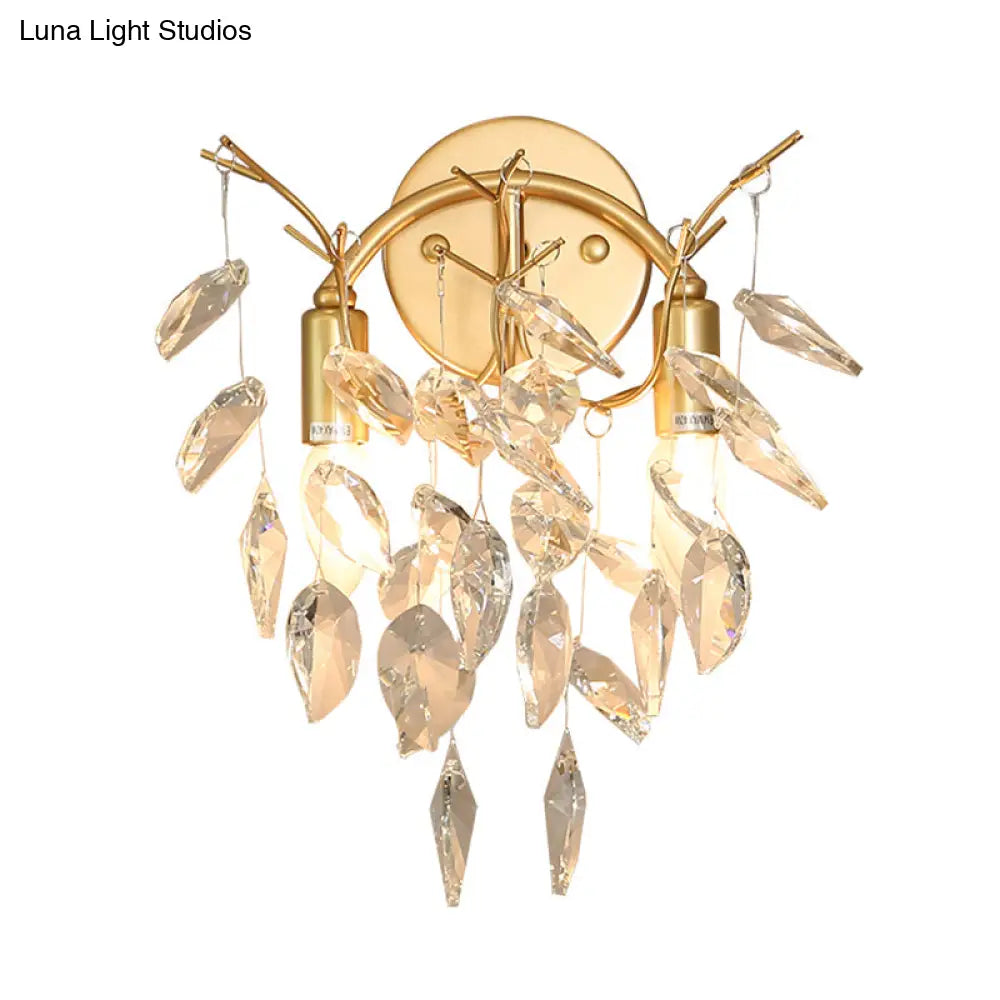 DecorBites™ Modern Gold Wall Sconce with Leaf Shape Design and Beveled Crystal Accents, 2-Bulb Lighting Fixture