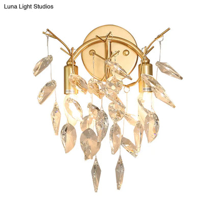 DecorBites™ Modern Gold Wall Sconce with Leaf Shape Design and Beveled Crystal Accents, 2-Bulb Lighting Fixture