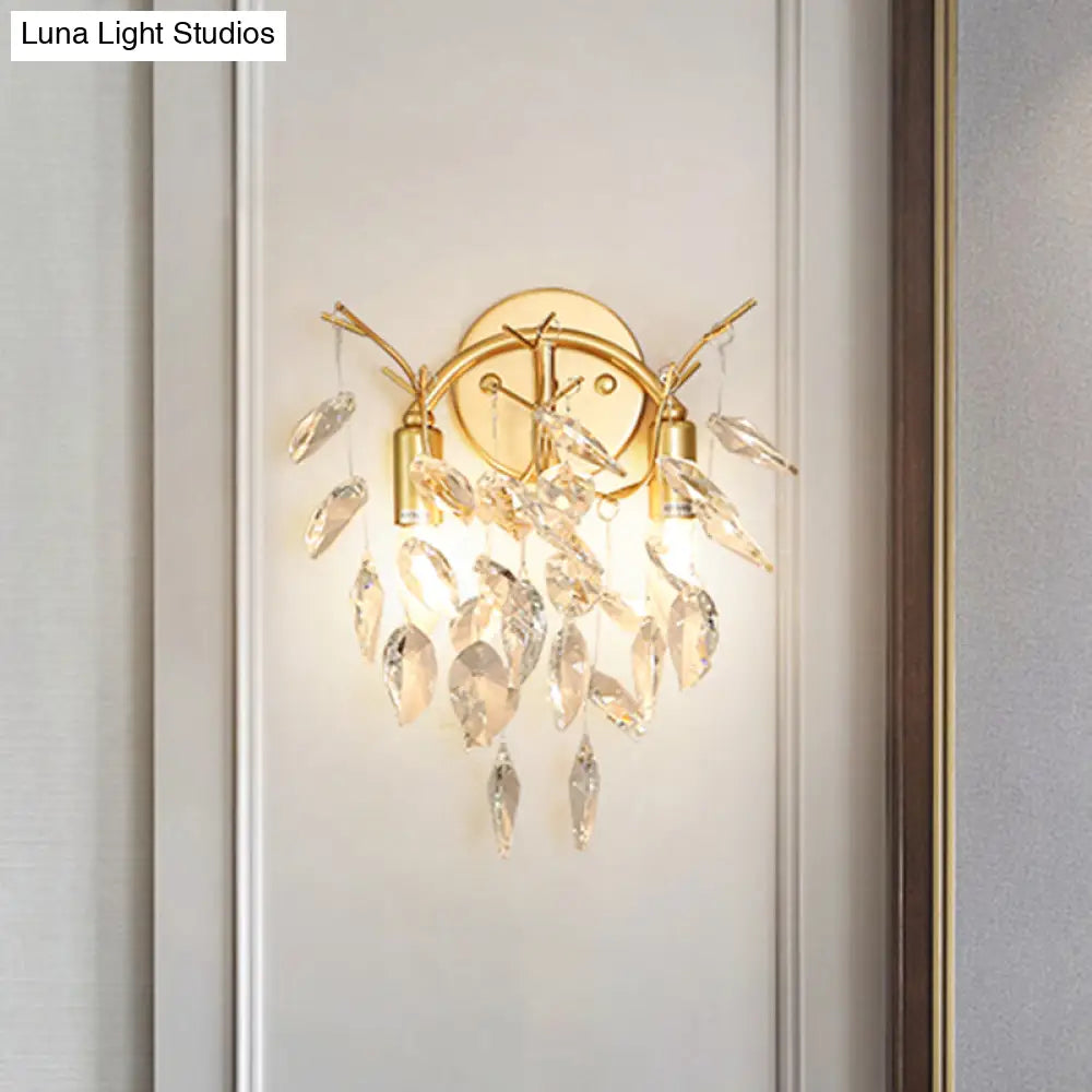DecorBites™ Modern Gold Wall Sconce with Leaf Shape Design and Beveled Crystal Accents, 2-Bulb Lighting Fixture