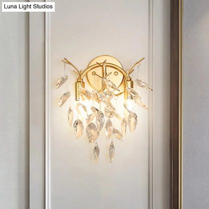 DecorBites™ Modern Gold Wall Sconce with Leaf Shape Design and Beveled Crystal Accents, 2-Bulb Lighting Fixture