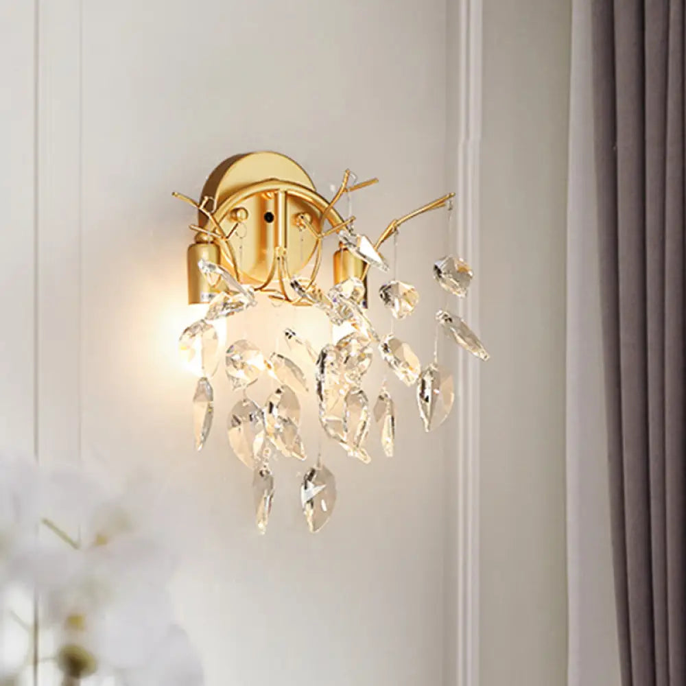 DecorBites™ Modern Gold Wall Sconce with Leaf Shape Design and Beveled Crystal Accents, 2-Bulb Lighting Fixture
