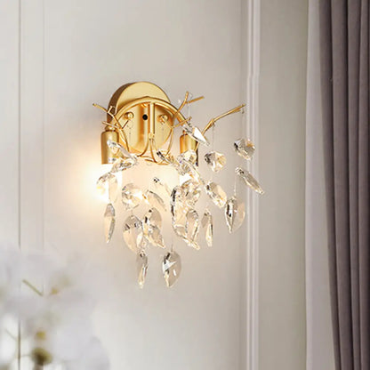 DecorBites™ Modern Gold Wall Sconce with Leaf Shape Design and Beveled Crystal Accents, 2-Bulb Lighting Fixture