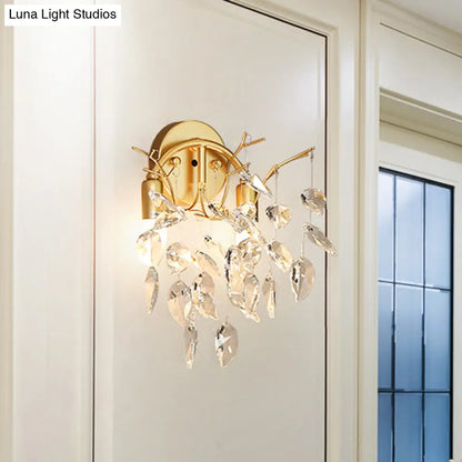 DecorBites™ Modern Gold Wall Sconce with Leaf Shape Design and Beveled Crystal Accents, 2-Bulb Lighting Fixture