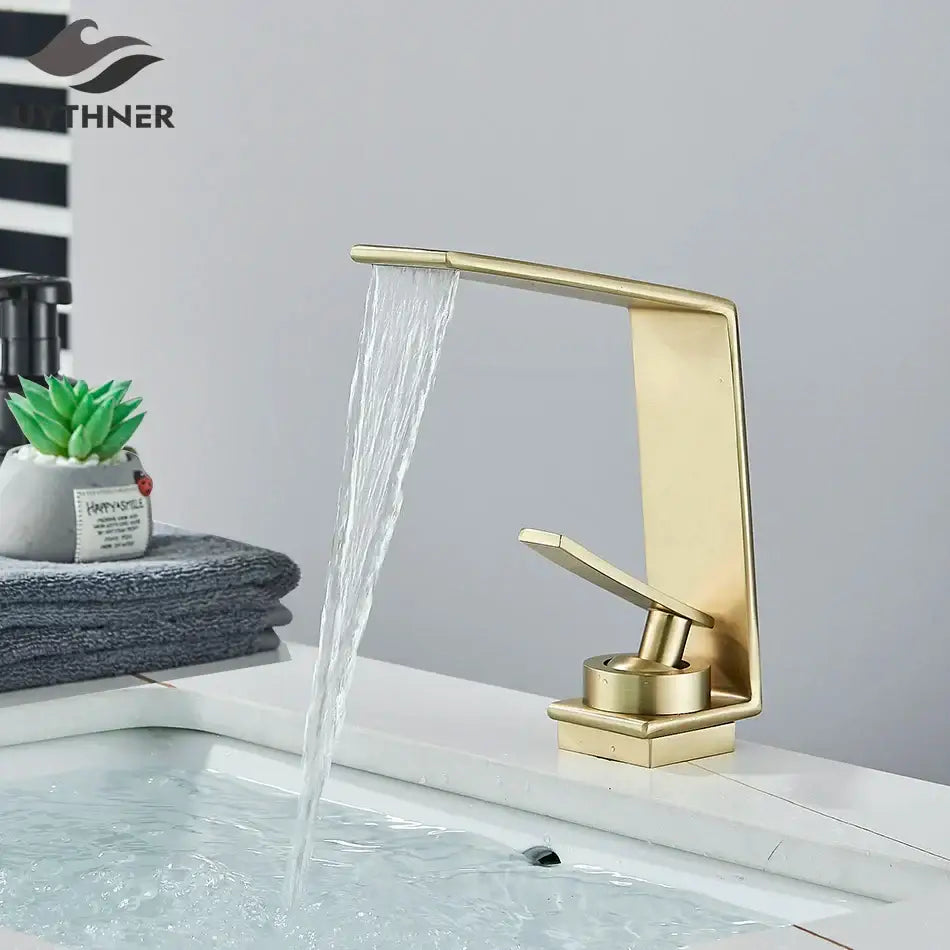 Modern gold waterfall basin faucet bathroom brushed metal tap