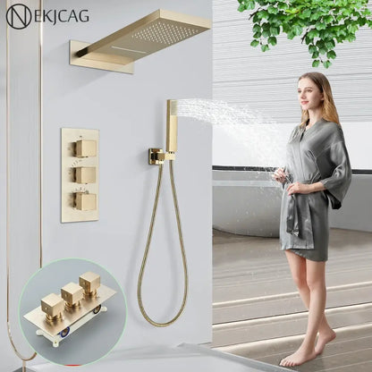 Modern gold waterfall shower faucet set bathroom wall mounted system