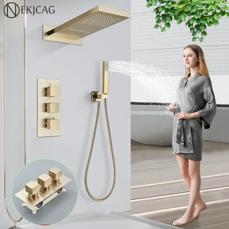 Modern gold waterfall shower faucet set bathroom wall mounted system
