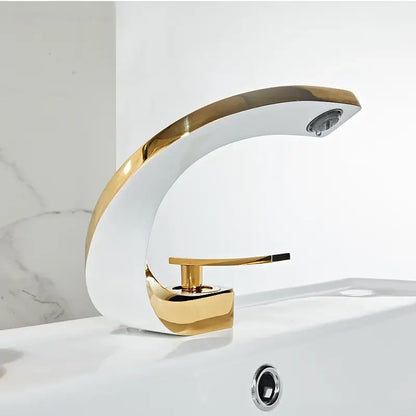 Modern gold & white bathroom basin faucet with curved spout