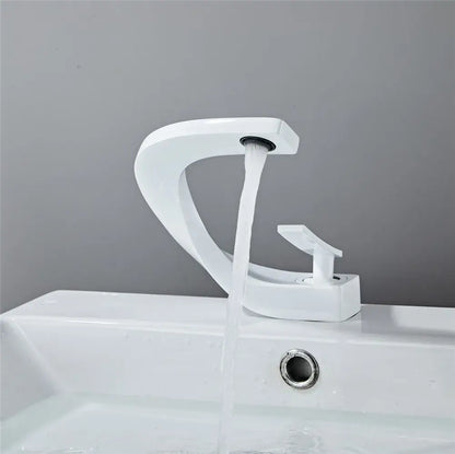 Modern gold & white bathroom basin faucet with curved spout