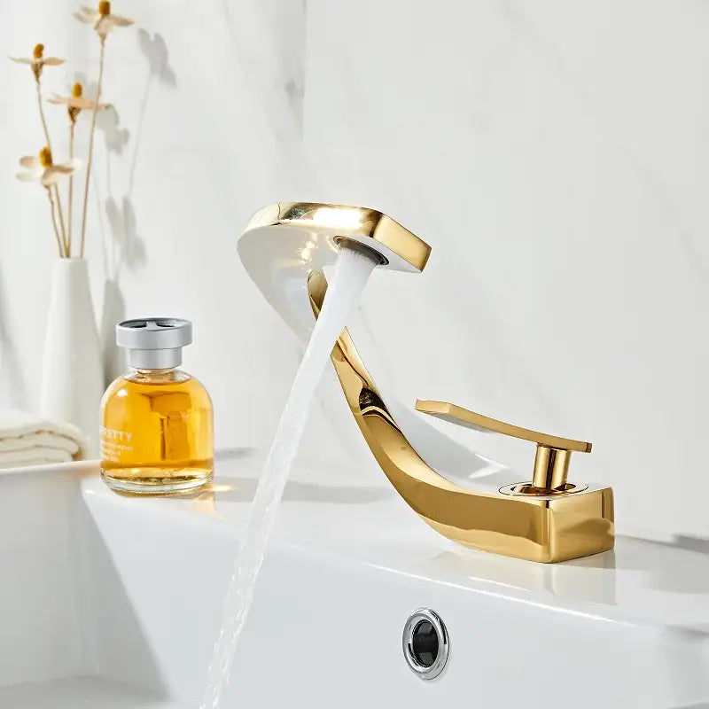Modern gold & white bathroom basin faucet with curved spout