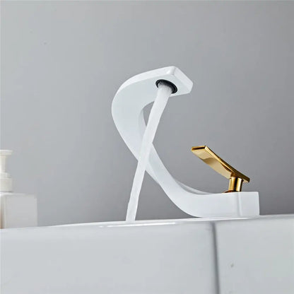 Modern gold & white bathroom basin faucet with curved spout