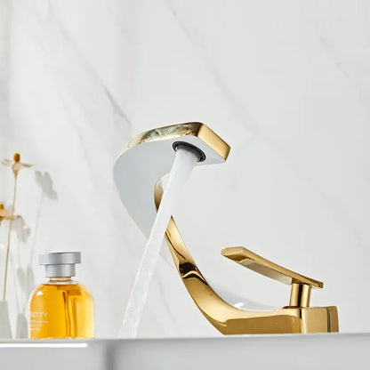 Modern gold & white bathroom basin faucet with curved spout