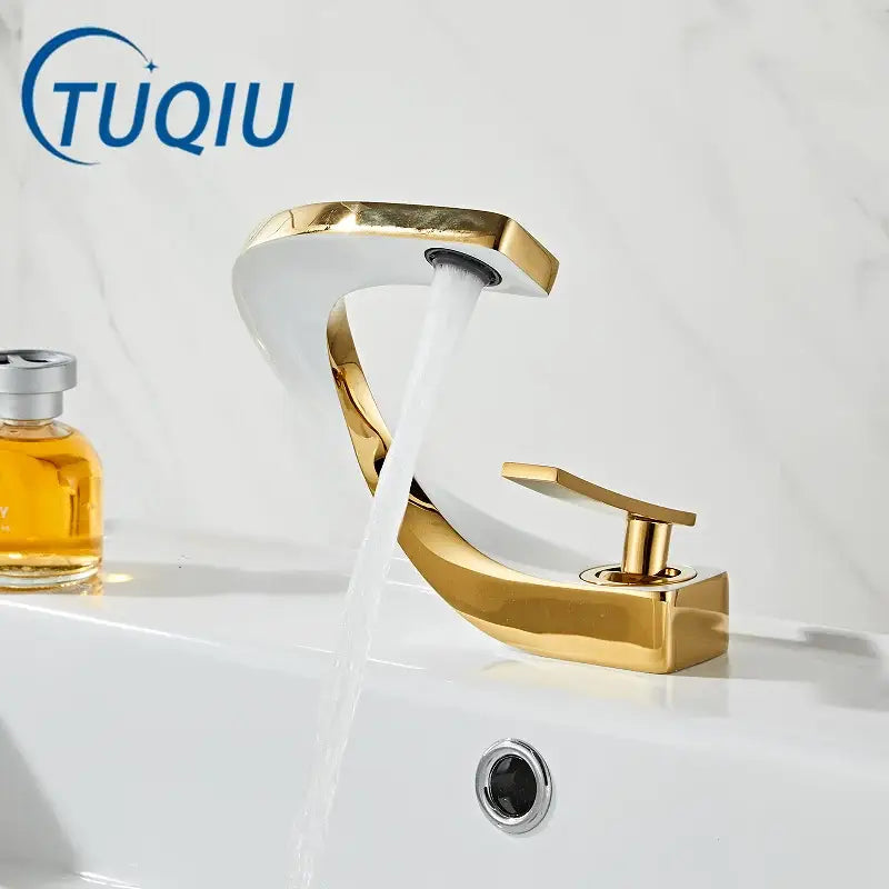 Modern gold & white bathroom basin faucet with curved spout
