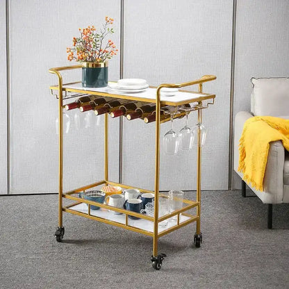 Modern gold & white marble bar cart wine rack dining room drinks trolley