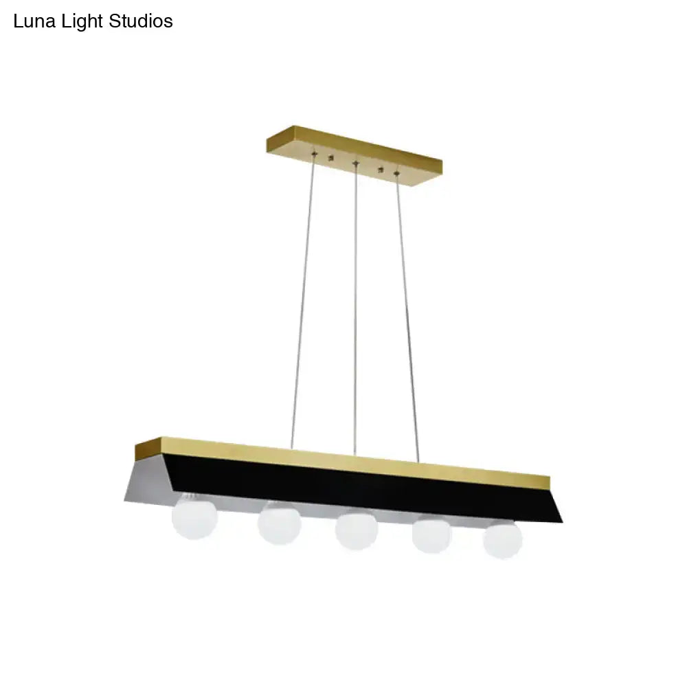 Modern gold & wood pendant light with black & white shade dining room