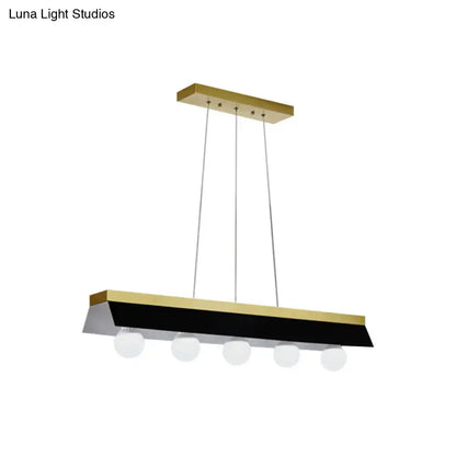Modern gold & wood pendant light with black & white shade dining room