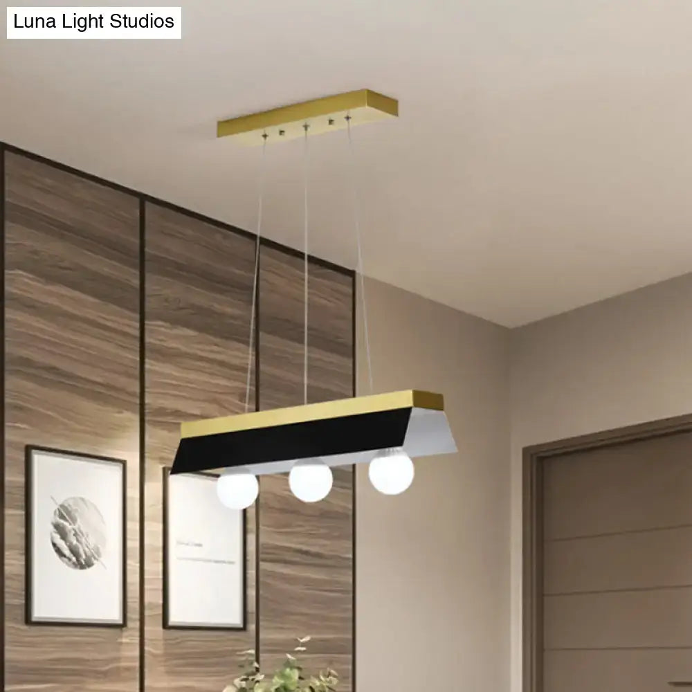 Modern gold & wood pendant light with black & white shade dining room