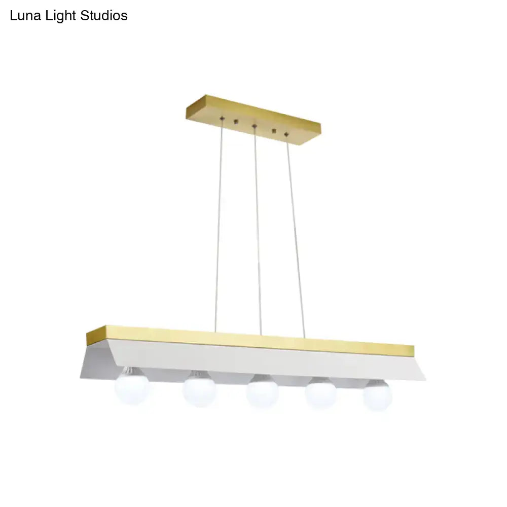 Modern gold & wood pendant light with black & white shade dining room