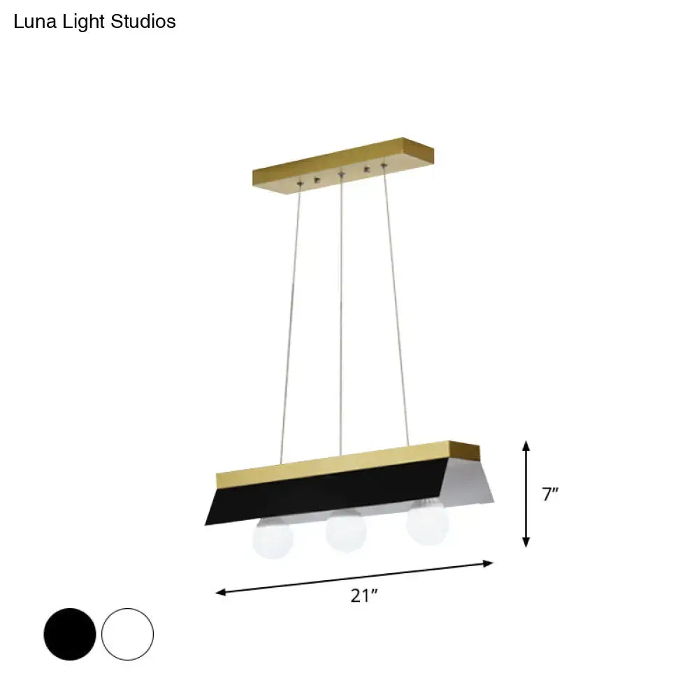 Modern gold & wood pendant light with black & white shade dining room