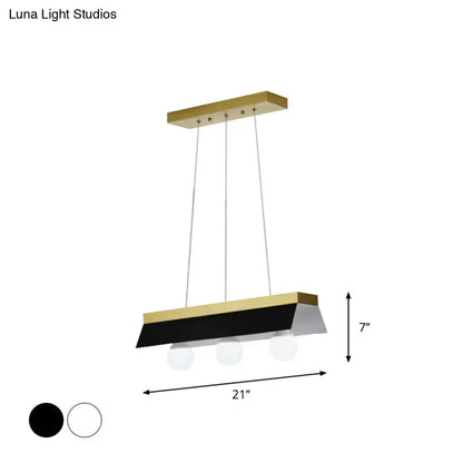 Modern gold & wood pendant light with black & white shade dining room