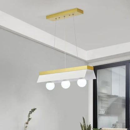Modern gold & wood pendant light with black & white shade dining room