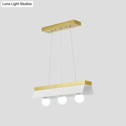 Modern gold & wood pendant light with black & white shade dining room